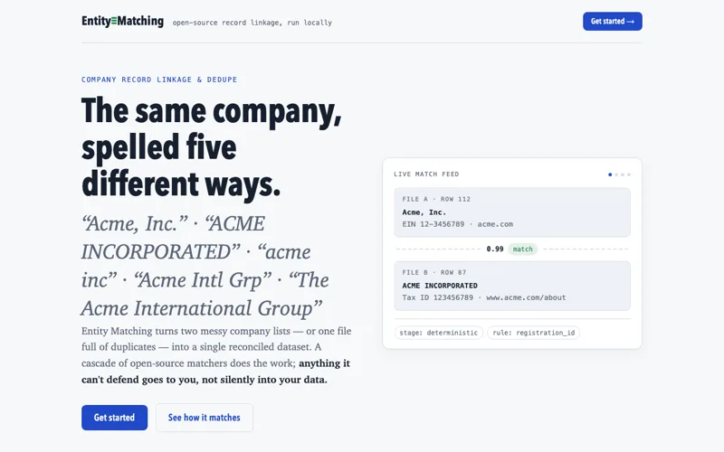 Preview of the Entity Matching app home page